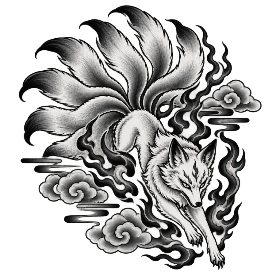 Japanese irezumi tattoo design of a nine tailed fox leaping through flames
