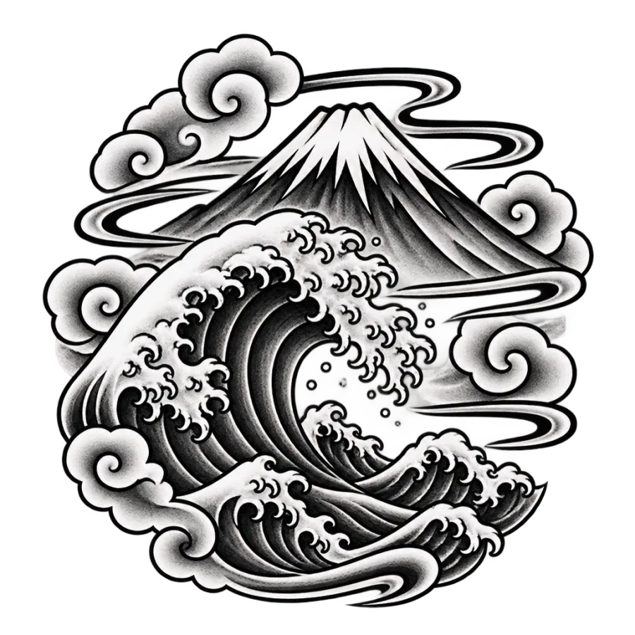 Japanese irezumi tattoo design of Mount Fuji behind a cresting great wave