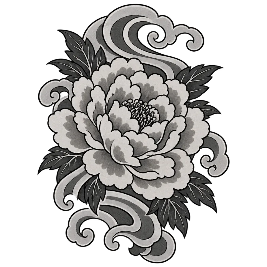 Japanese irezumi tattoo design of a peony blossom framed by wind bars