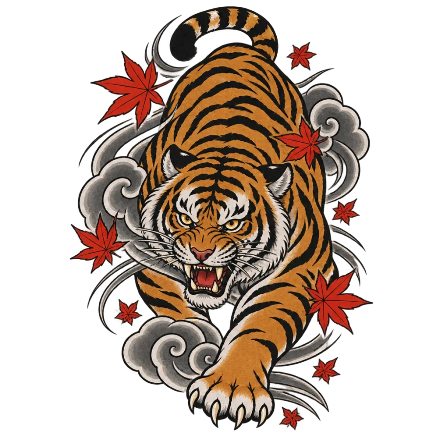 Japanese irezumi tattoo design of a prowling tiger among falling maple leaves