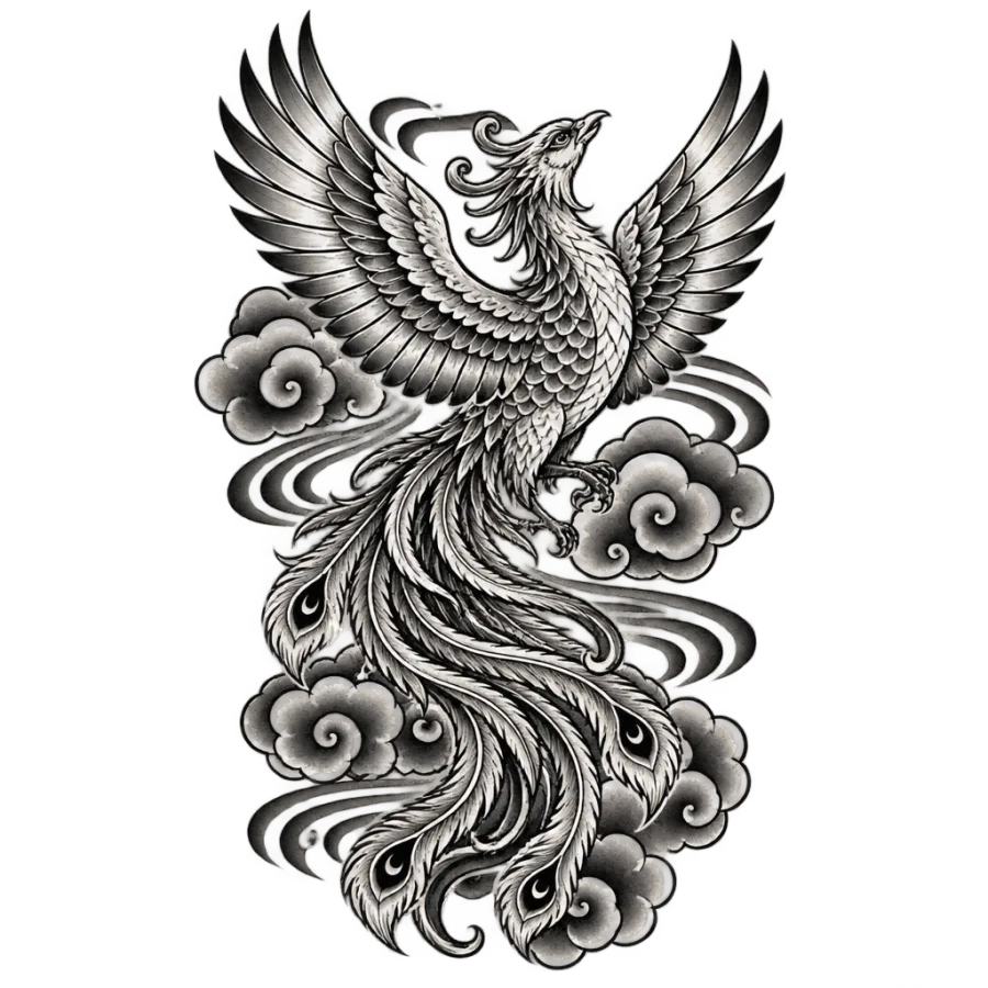 Japanese irezumi tattoo design of a phoenix rising through stylized clouds