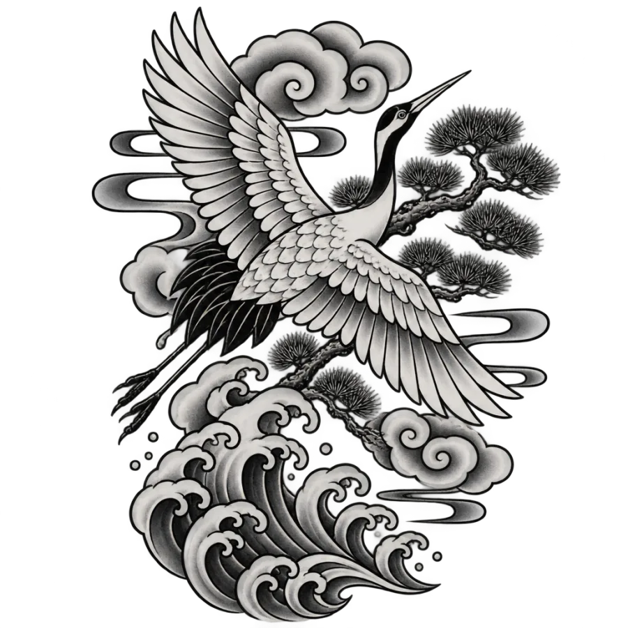 Japanese irezumi tattoo design of a crane flying above stylized waves