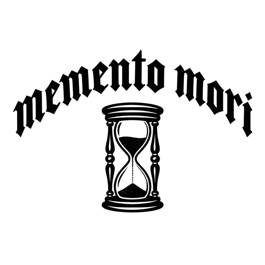 Blackletter lettering tattoo design of memento mori arched over an hourglass