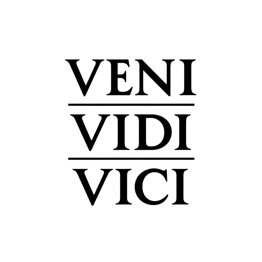 Roman capital lettering tattoo design of veni vidi vici stacked on three lines