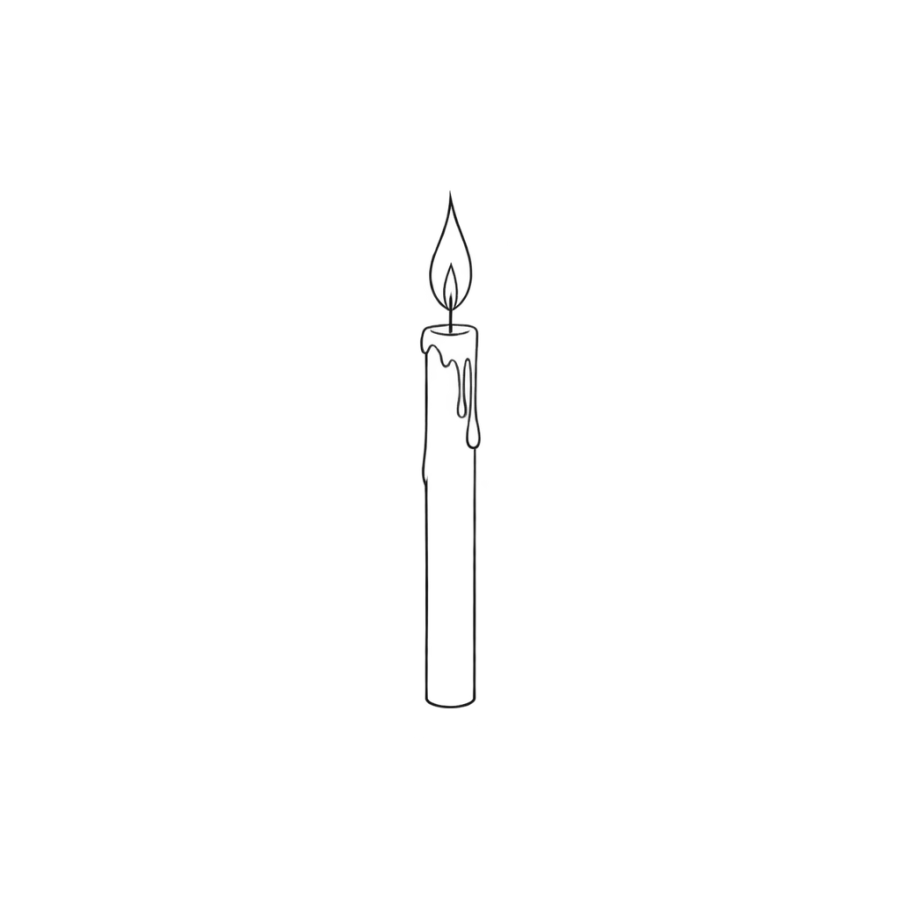 Minimalist tattoo design of a single lit candle with a small flame