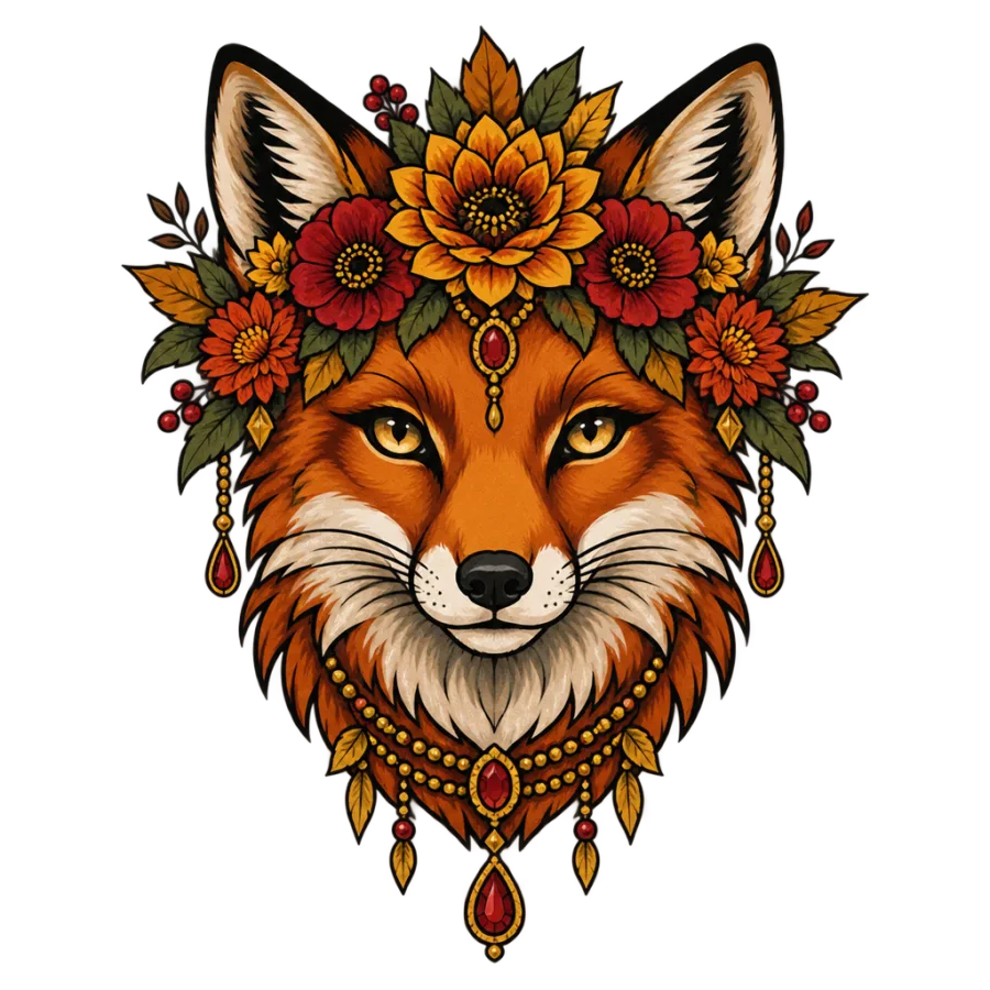 Neo traditional tattoo design of a fox head crowned with autumn flowers