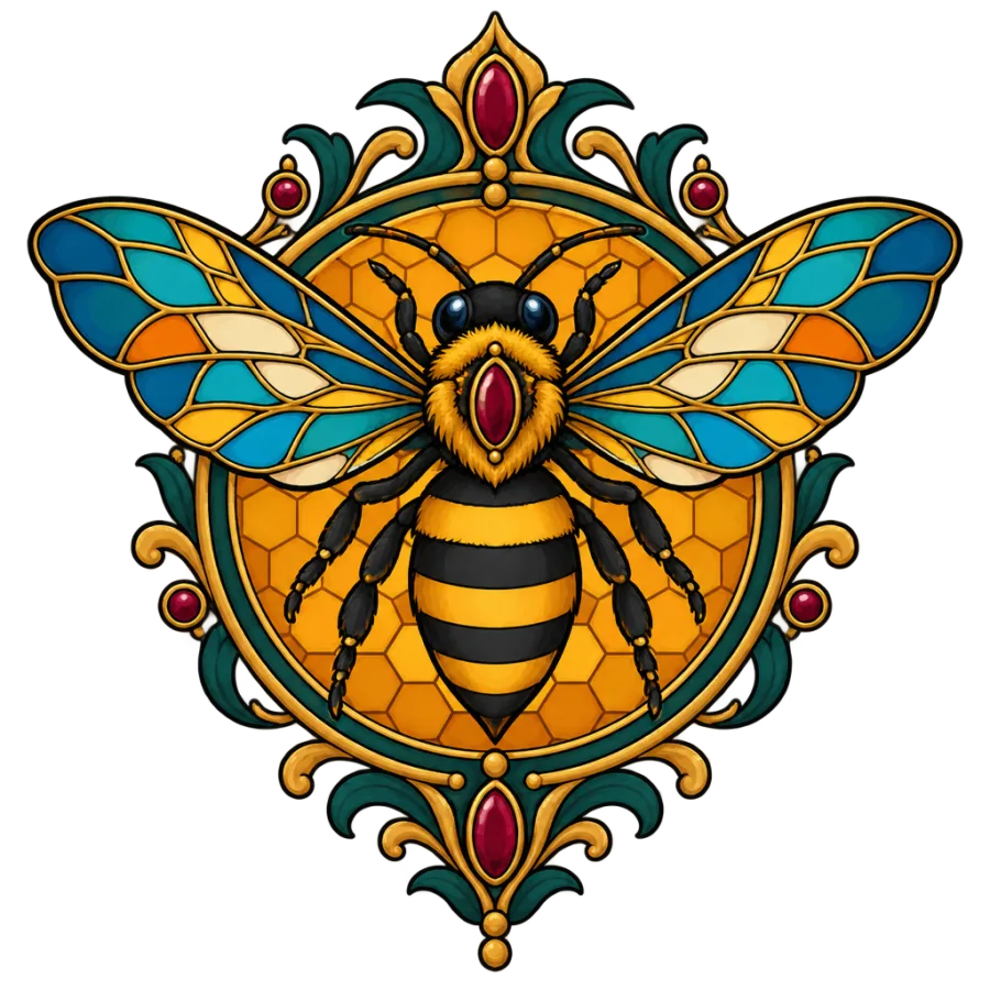 Neo traditional tattoo design of a bee with stained glass wings on honeycomb