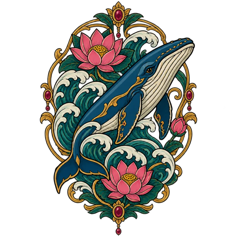 Neo traditional tattoo design of a whale in art nouveau waves and lotuses