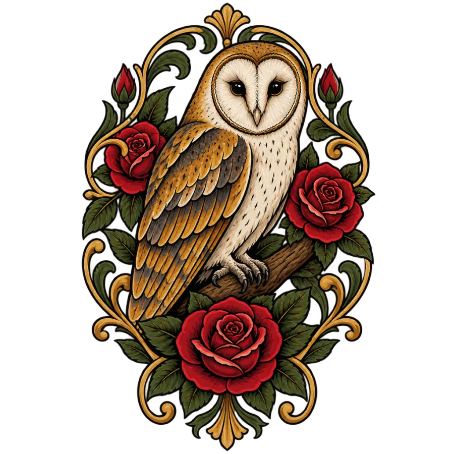 Neo traditional tattoo design of a barn owl framed by roses and filigree