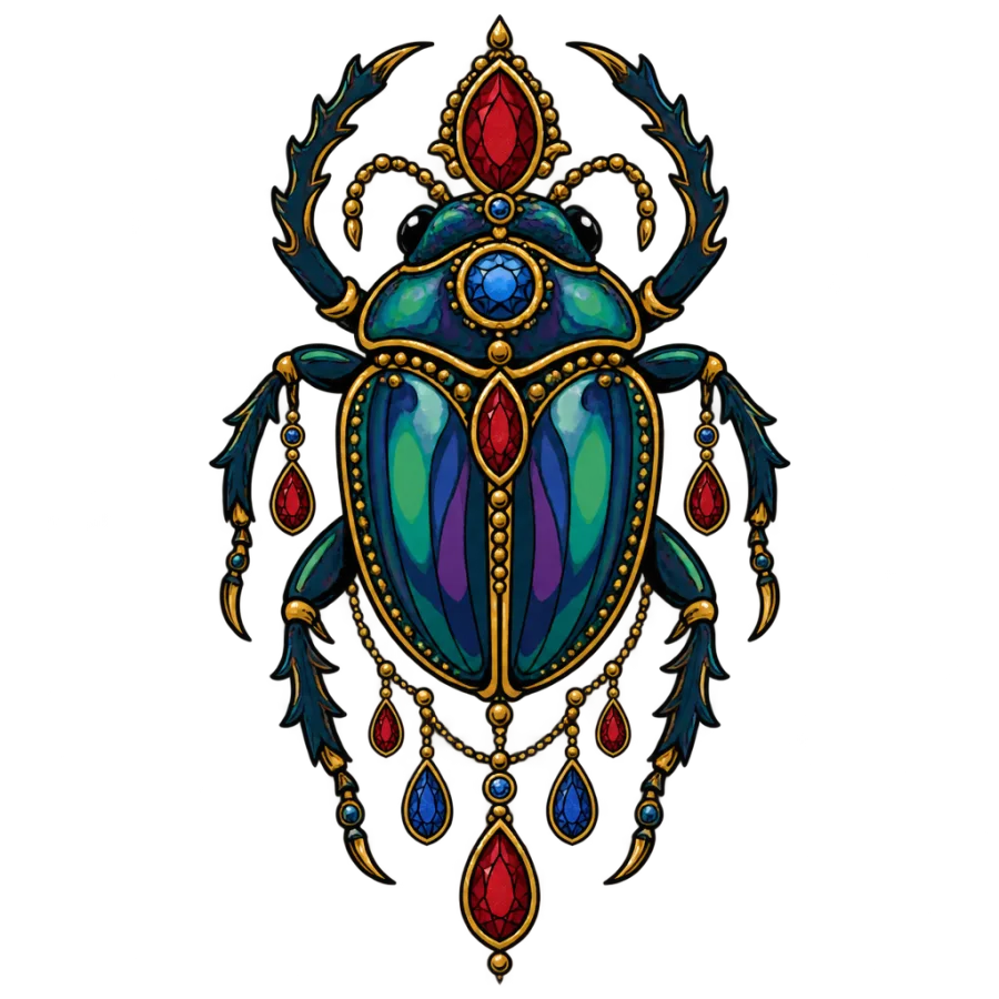 Neo traditional tattoo design of a scarab beetle set with cut gemstones