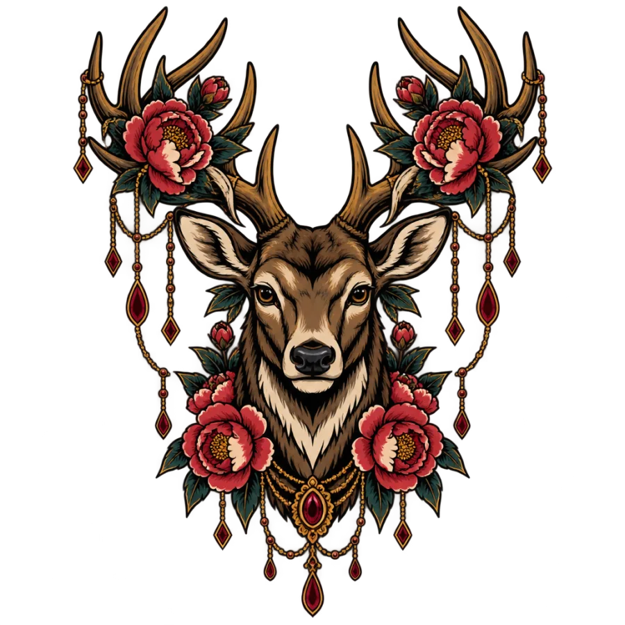 Neo traditional tattoo design of a stag head draped in peonies and chains