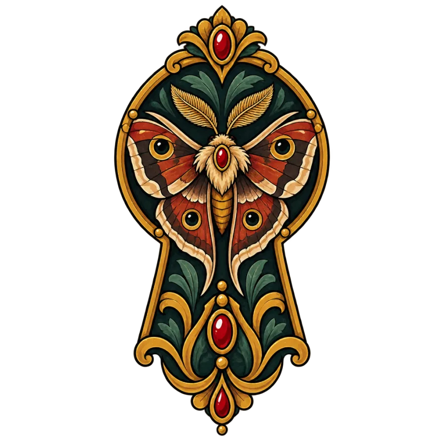 Neo traditional tattoo design of a moth framed inside an ornate keyhole