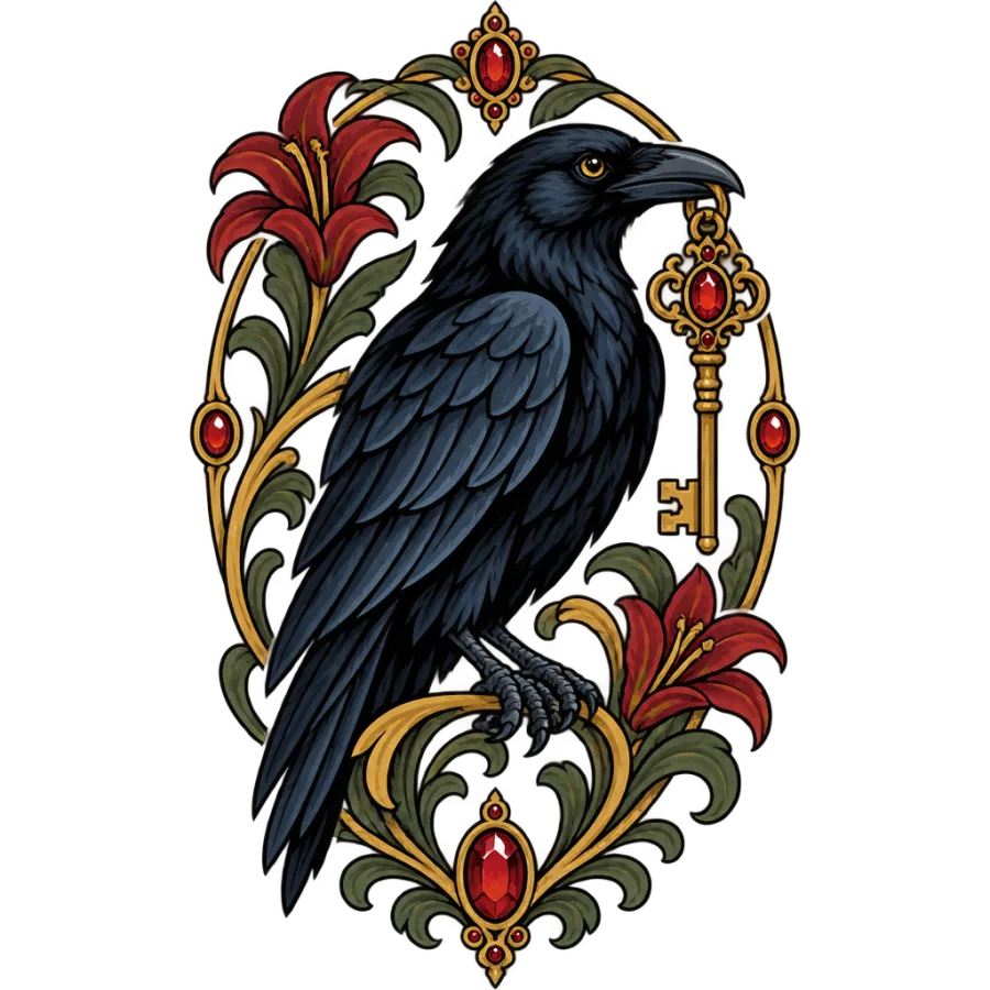 Neo traditional tattoo design of a raven holding an ornate jeweled key