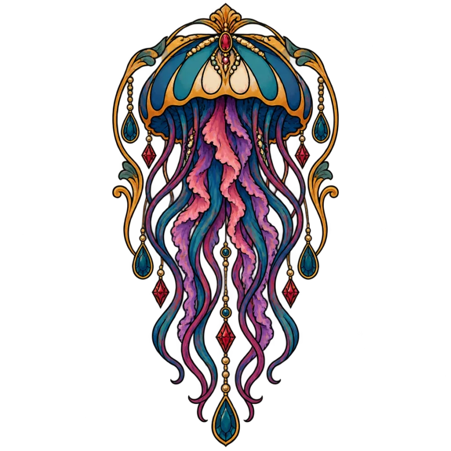 Neo traditional tattoo design of a jellyfish with gem drops and tentacles