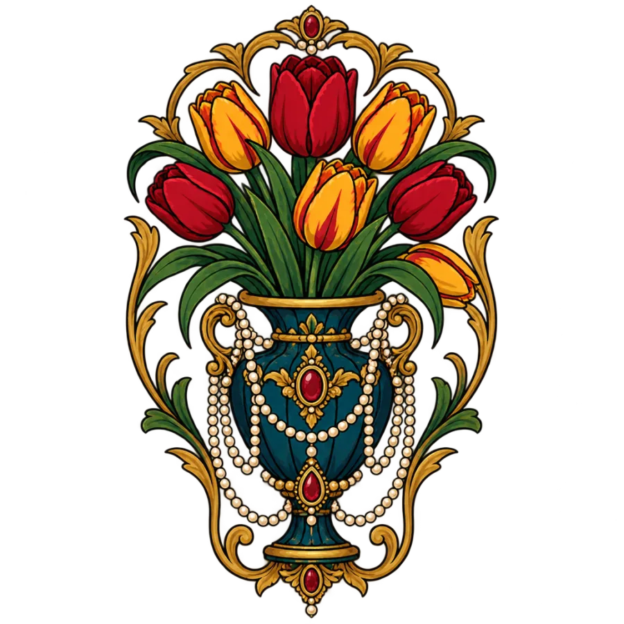 Neo traditional tattoo design of tulips in an ornate vase with pearls
