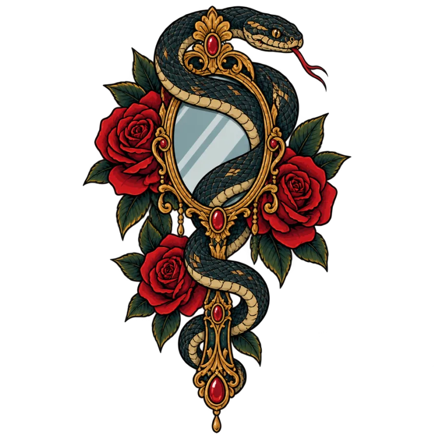 Neo traditional tattoo design of a snake through an ornate rose mirror