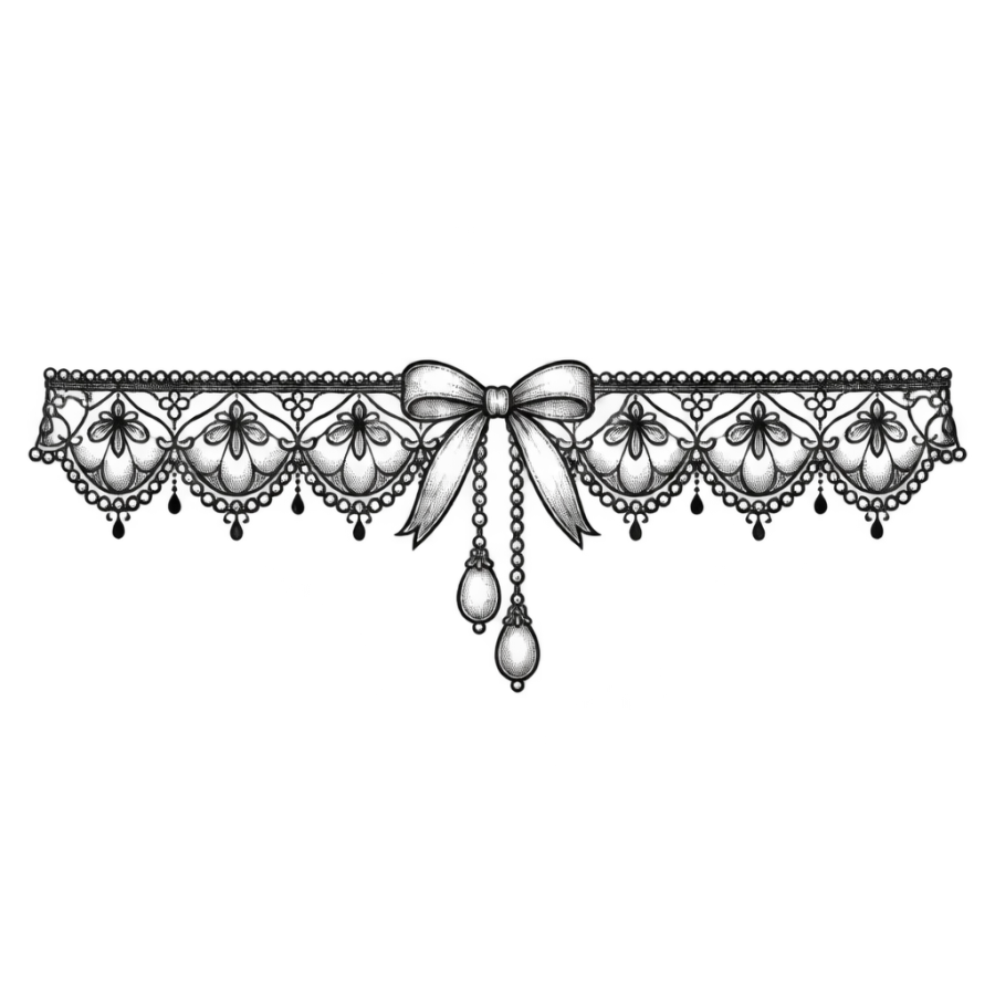 Ornamental tattoo design of a lace garter band with bow and pearl drops