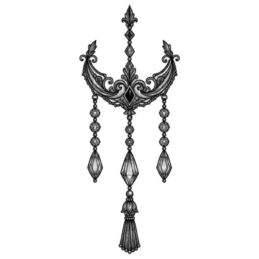 Ornamental tattoo design of a chandelier drop with hanging crystal strands