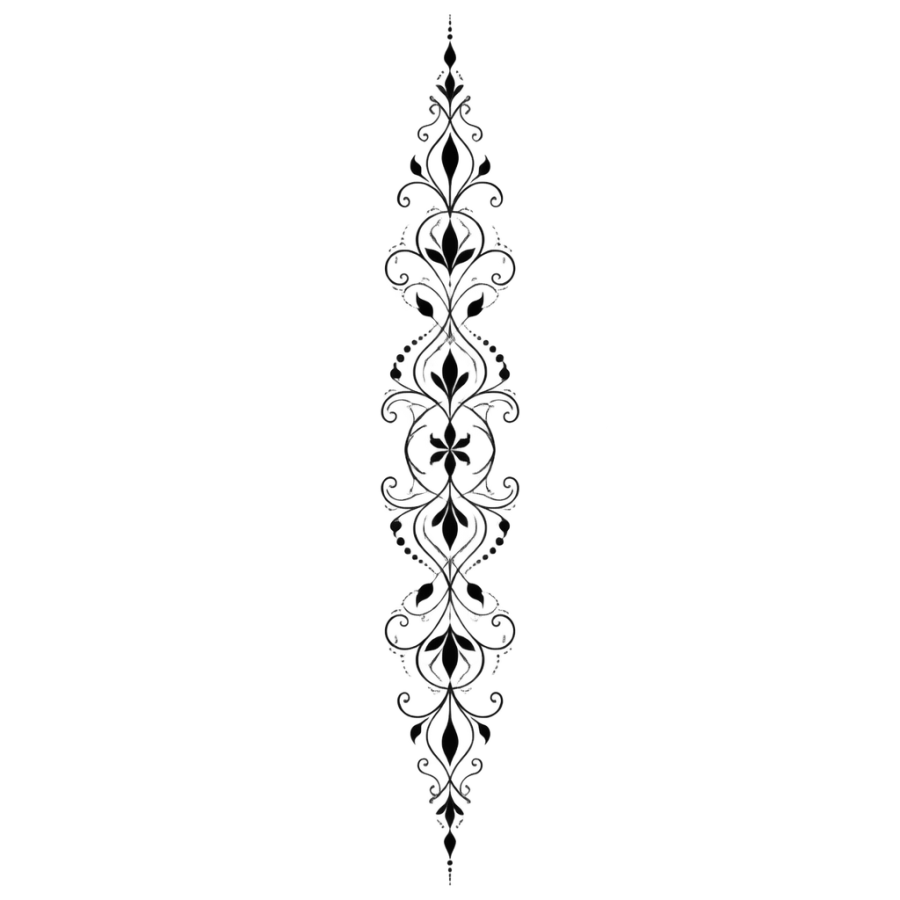 Ornamental tattoo design of a vertical spine column of arabesque filigree