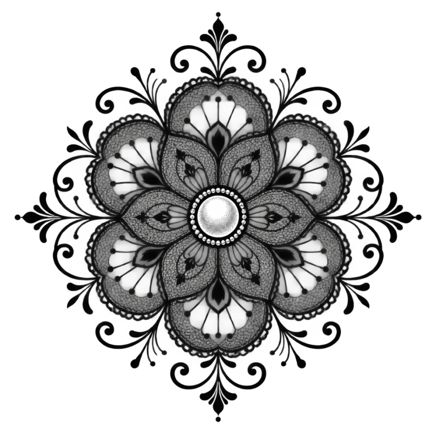 Ornamental tattoo design of a round lace rosette medallion with a pearl