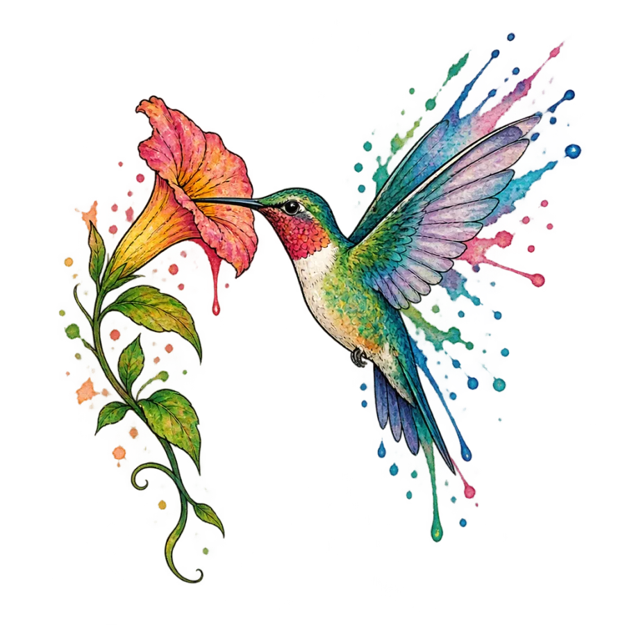 Watercolor tattoo design of a hummingbird and flower with loose paint splashes