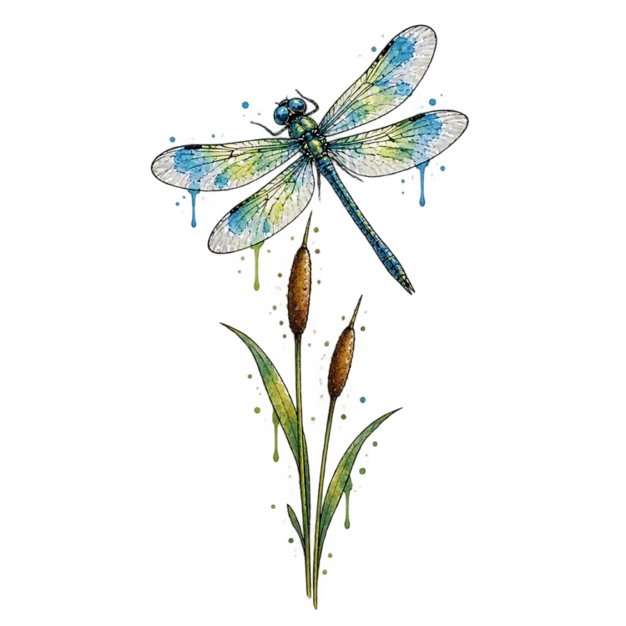 Watercolor tattoo design of a dragonfly hovering over slender pond reeds