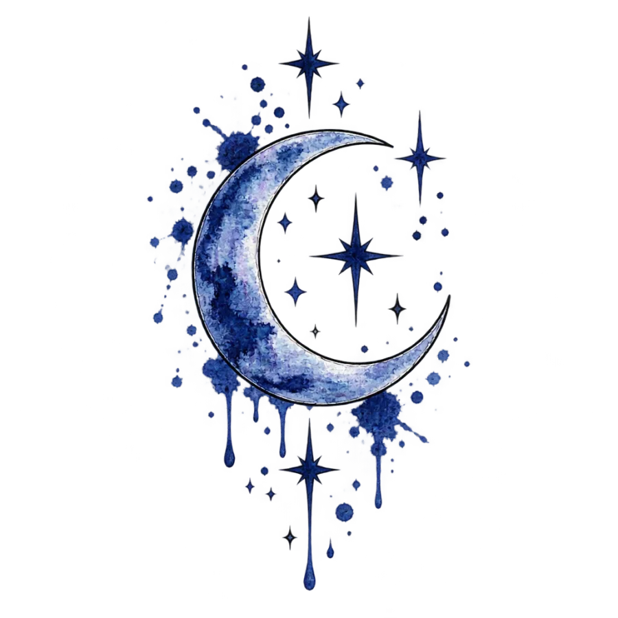 Watercolor tattoo design of a crescent moon with stars and indigo splatter