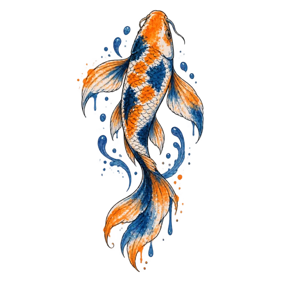 Watercolor tattoo design of a koi fish in orange and indigo washes
