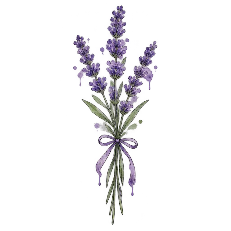 Watercolor tattoo design of a lavender sprig in soft purple and green washes