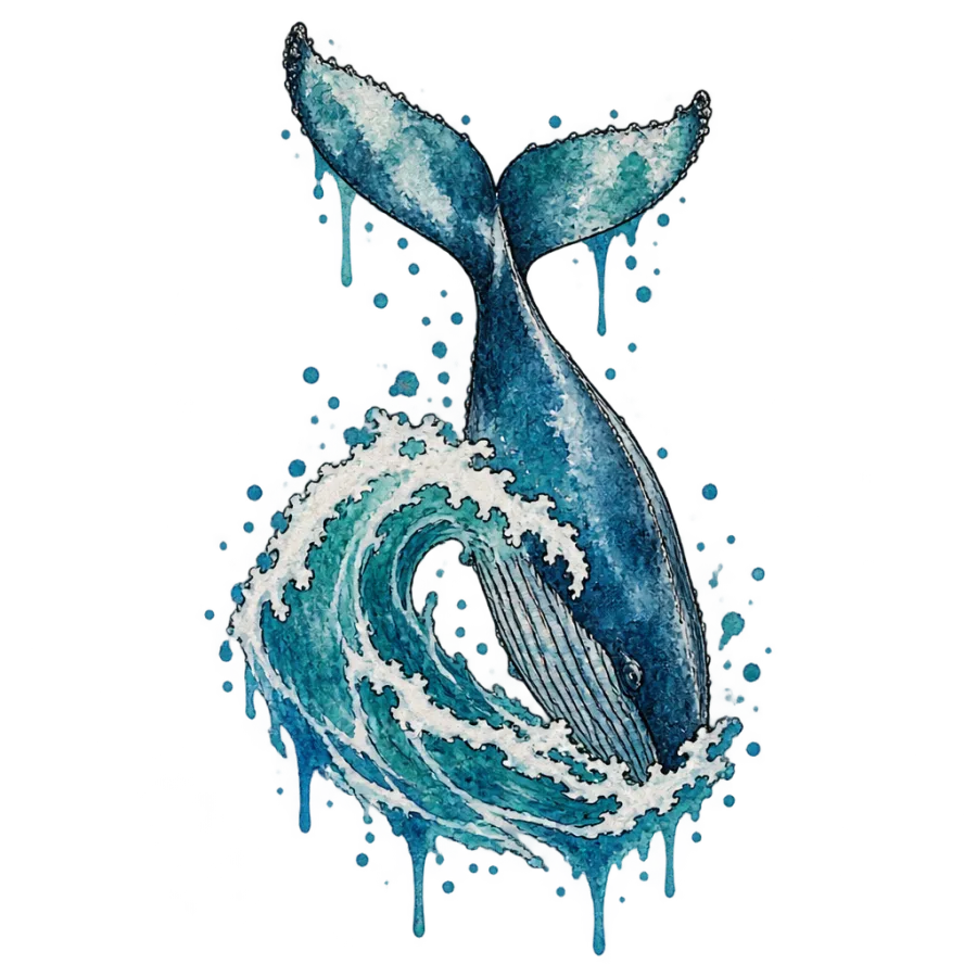 Watercolor tattoo design of a diving whale tail over teal wave washes