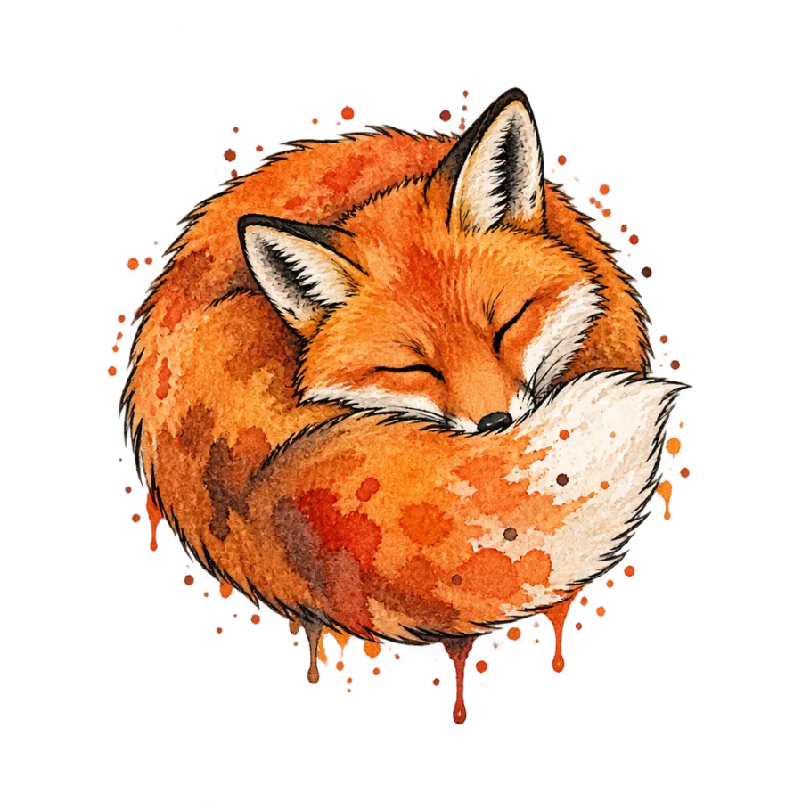 Watercolor tattoo design of a red fox curled asleep with a splashed tail
