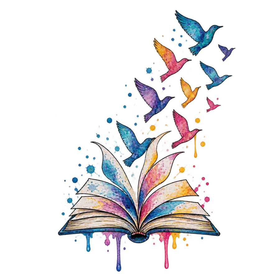 Watercolor tattoo design of an open book with pages lifting into birds