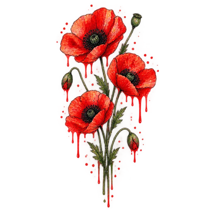 Watercolor tattoo design of red poppies with paint drips below the blooms