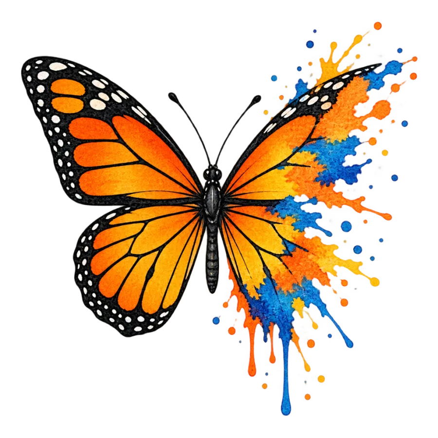 Watercolor tattoo design of a monarch butterfly dissolving into color splashes