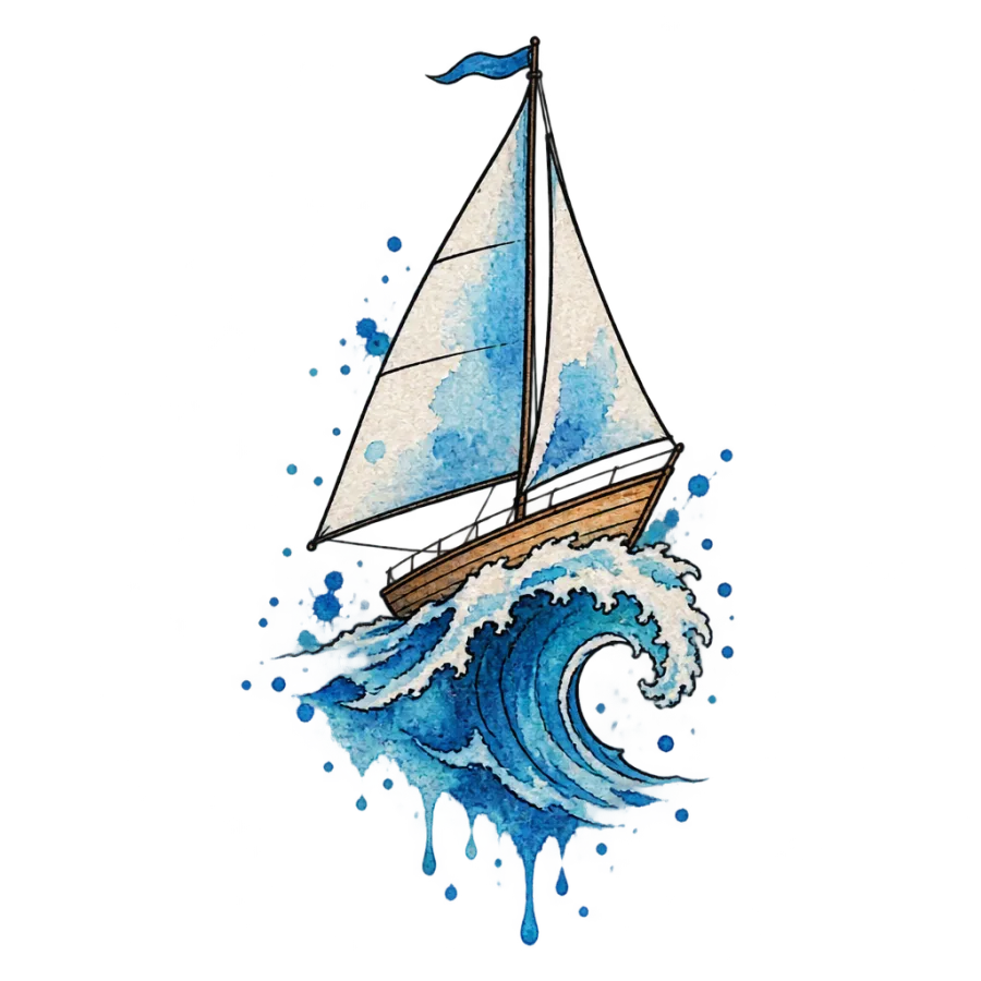 Watercolor tattoo design of a small sailboat riding a curling blue wave